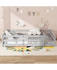 Cesicia Grey Wood Full Size Kids Floor Bed Kids Montessori Floor Bed with Fence for Girls, Boys