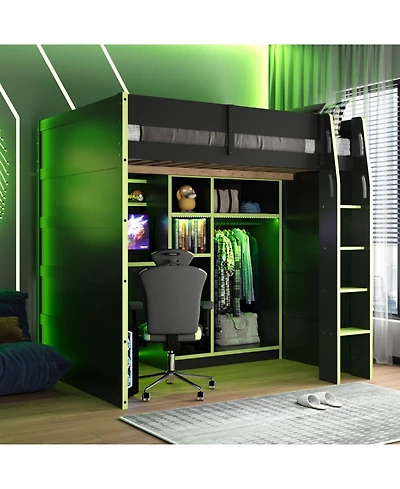 Streamdale Furniture Full Size Wood Loft Bed with Desk, Wardrobe, Storage & Rgb Lights