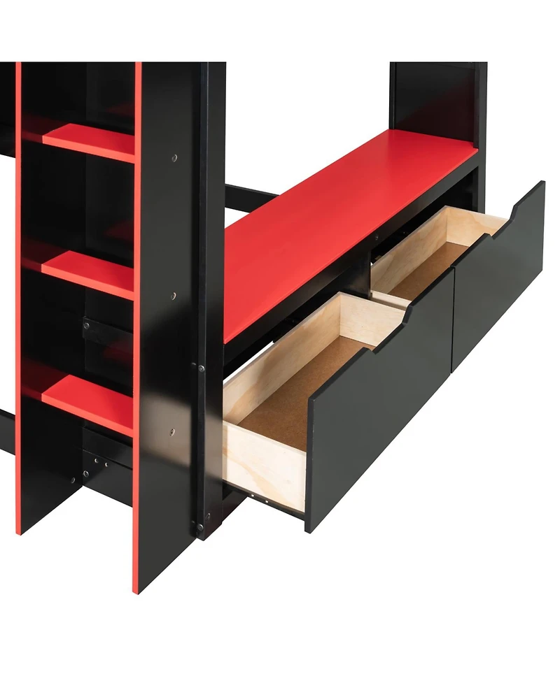 Streamdale Furniture Full Size Wood Loft Bed with Adjustable Desk, Drawers, Storage, Rgb Lights, Blue