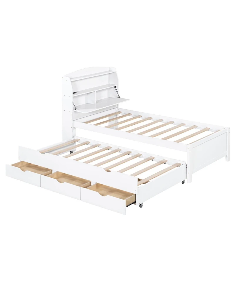 Streamdale Twin Wooden Led Platform Bed with Trundle, Storage Headboard & Drawers, White