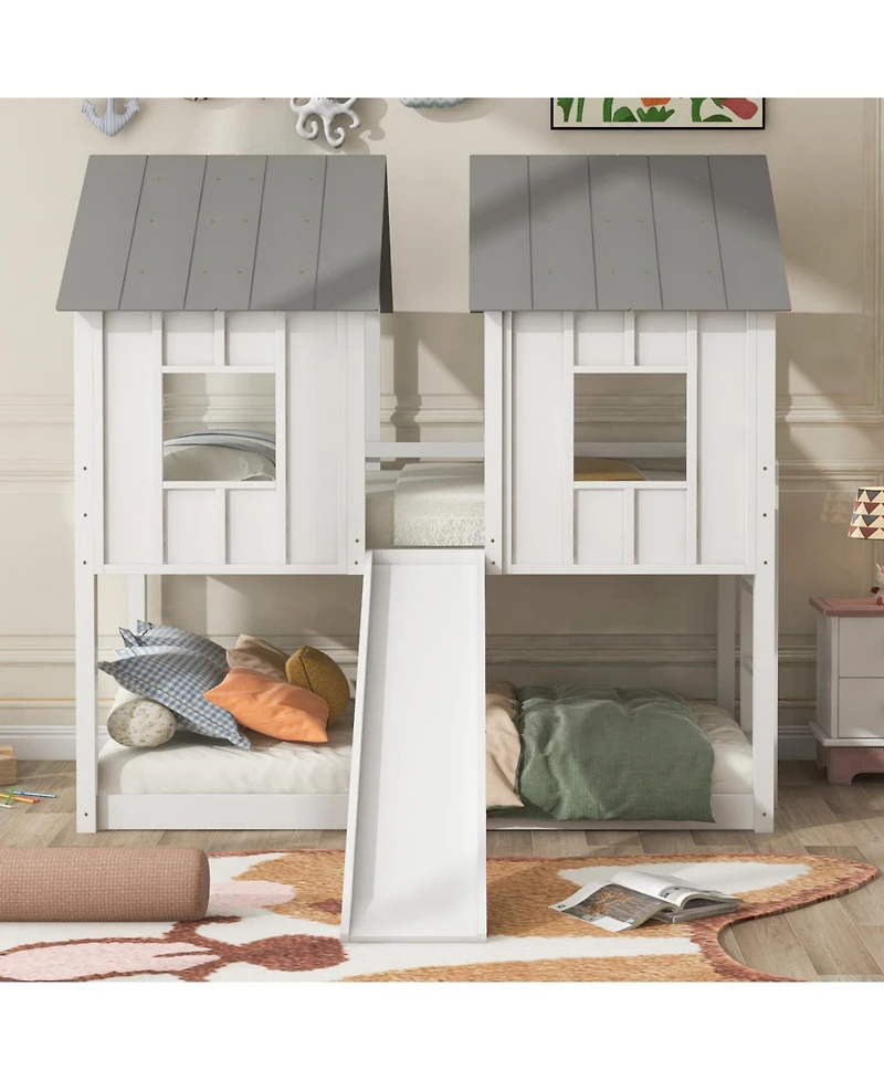 Streamdale Furniture Twin over Twin House Bunk Bed with Slide and Windows