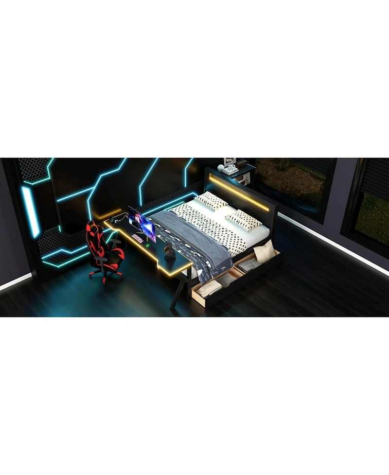 Streamdale Furniture Full Size Wooden Gaming Bed with Led Headboard, Desk, Usb & Storage, Black