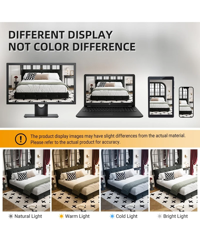 Streamdale Furniture Streamdale King Size Bed Frame with Tufted Headboard, Chenille Platform Bed, Black