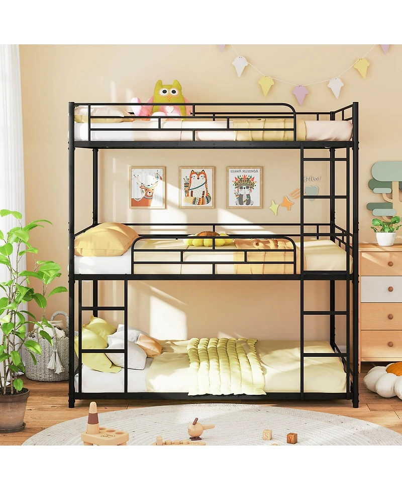 Costway Full Over Full Over Full Metal Bed Frame Heavy-Duty Triple Bunk Bed w/Dual Ladders