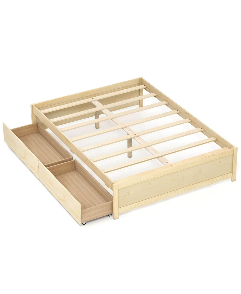 Costway Wooden Platform Bed with 2 Rolling Storage Drawers Wood Slat Support