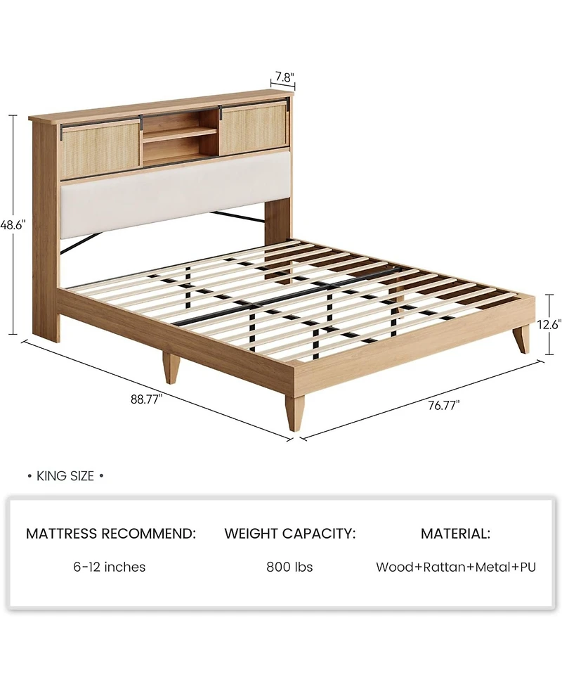 Gaomon Boho Rattan King Bed Frame with Headboard, Solid Wood Platform, Storage Shelves & Sliding Door, No Box Spring