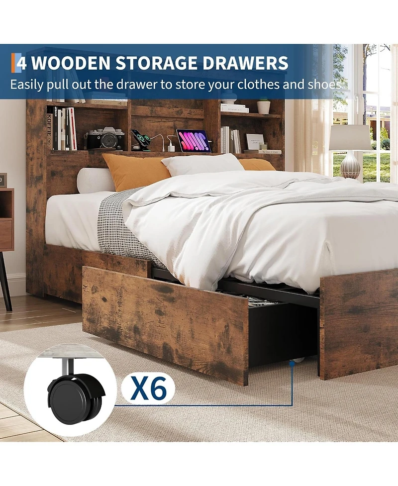 gaomon Queen Bed with Bookcase Headboard & 4 Drawers, Wood Platform Frame with Charging Station, Noise-Free, Gray