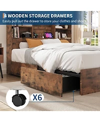 gaomon Queen Bed with Bookcase Headboard & 4 Drawers, Wood Platform Frame with Charging Station, Noise-Free, Gray