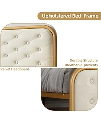 gaomon Velvet Upholstered Platform Bed Frame with Curved Button-Tufted Headboard, Golden Base and Sturdy Wood Slat Support