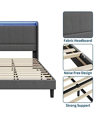 gaomon Bed Frame with Charging Station & Led Lights, Modern Platform Bed with Wooden Slats, Upholstered Headboard, No Box Spring, Easy Assembly