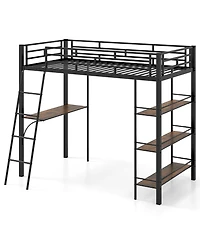 Gymax Twin Size Loft Bed w/ Desk & Shelves Inclined Ladder & Full-length Guardrails