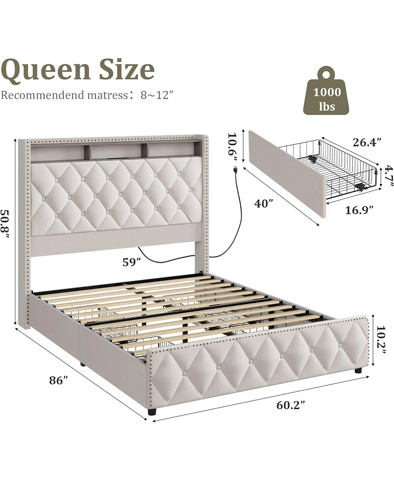 gaomon Queen Size Velvet 51" Tall Headboard, 4 Storage Drawers, Usb, Led Lights Bed Frame