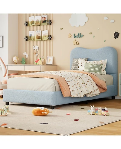 gaomon Twin Size Blue Boucle Kids Bed Frame with Upholstered Headboard, Low Profile, Heavy Duty Wooden Slats, No Box Spring Needed