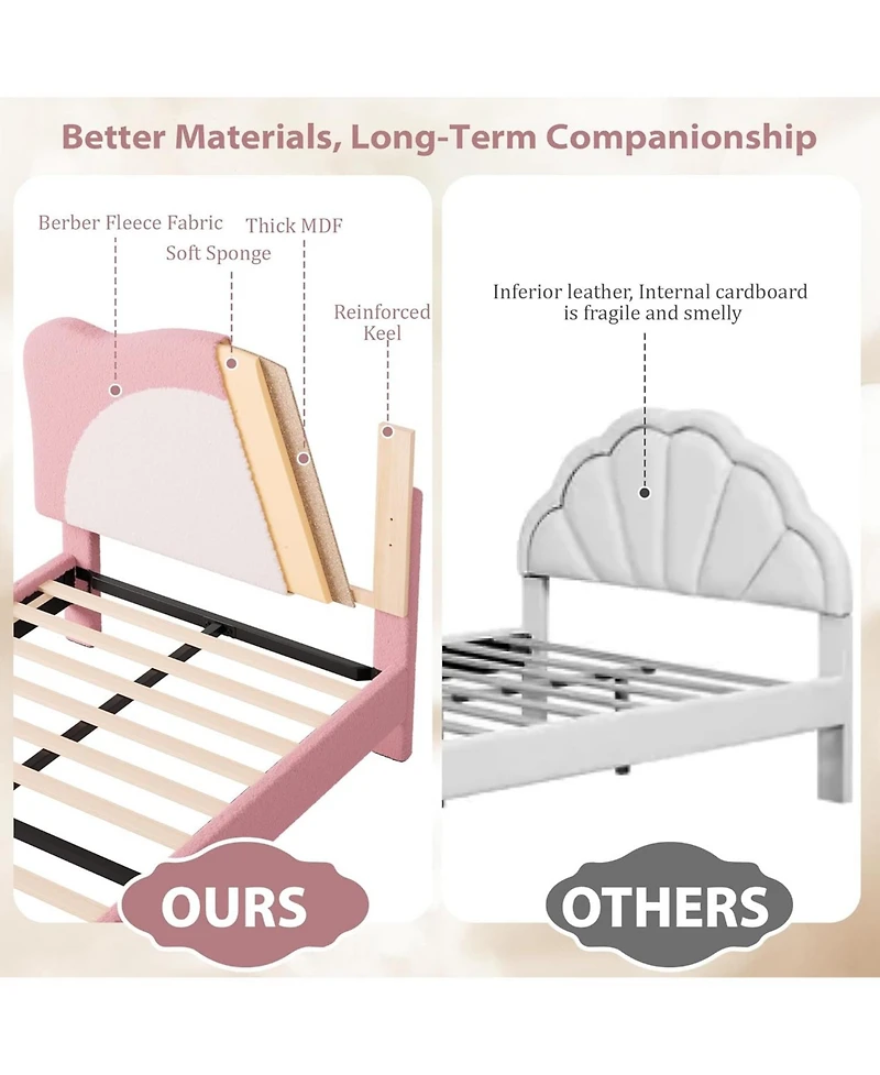Gaomon Twin Size Kids Upholstered Bed Frame with Adjustable Scallop Velvet Headboard, Princess Platform, Pink & White