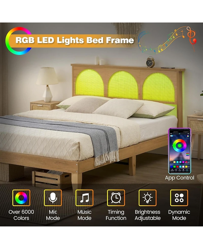 Gaomon Full Size Solid Wood & Rattan Rgb Led Platform Bed Frame with Underbed Storage