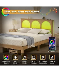 Gaomon Full Size Solid Wood & Rattan Rgb Led Platform Bed Frame with Underbed Storage