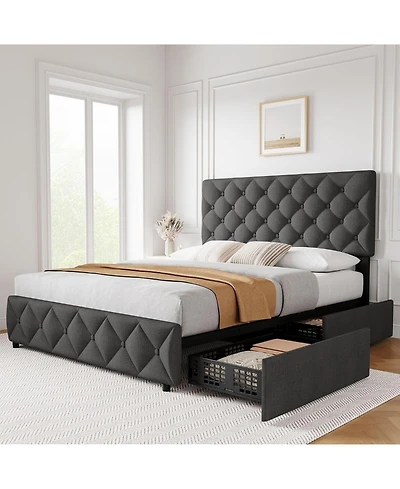 gaomon King Size Bed Frame 4 Storage Drawers Adjustable Upholstered Headboard Platform Bed Button Tufted Gray