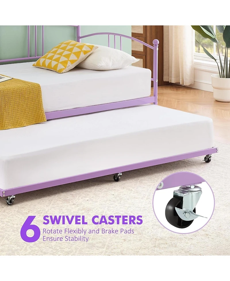 gaomon Twin Daybed with Trundle Metal Frame Pullout Trundle 6 Casters Steel Slats Living Room Bedroom Guest Room No Box Spring Purple