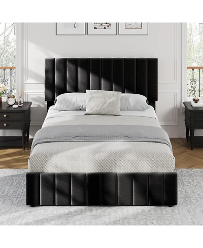 gaomon King 4 Storage Drawers, Adjustable Headboard, Wooden Slats, Black Linen Upholstered Platform Bed Frame
