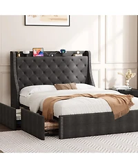 gaomon Full Bed Frame Gray Upholstered 4 Storage Drawers Wingback Headboard Charging Station Button Tufted