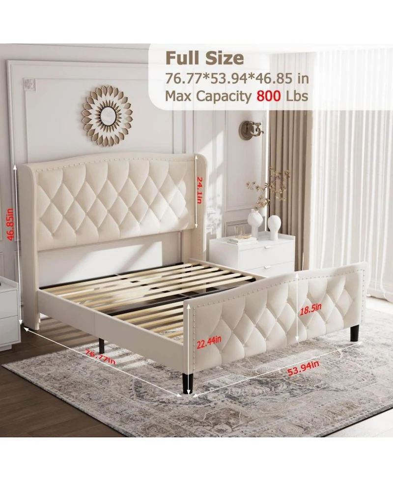 gaomon Full Bed Frame Beige Upholstered 4 Storage Drawers Wingback Headboard Charging Station Button Tufted
