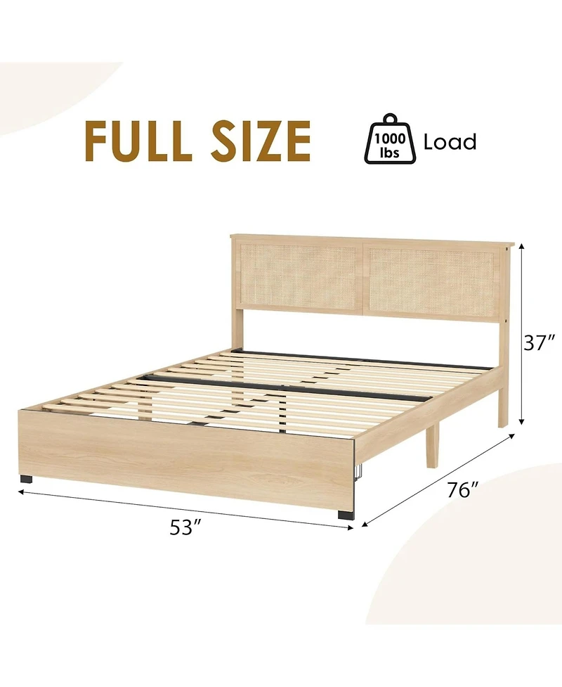 gaomon Full Size Rattan Bed Frame 2 Drawers Wooden Platform Rattan Headboard Led Lights Boho Storage Bed Noise Free No Box Spring Natural Oak