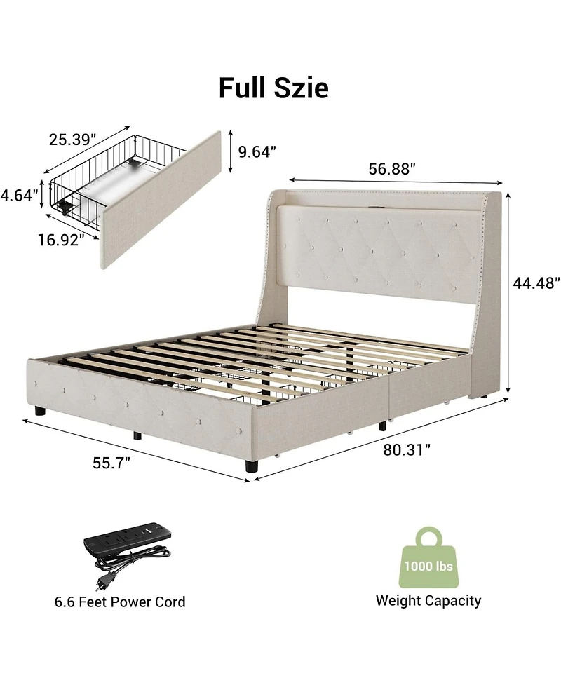Full Size Upholstered Bed Frame with 4 Storage Drawers Charging Station Wingback Headboard Platform No Box Spring Needed Noise-Free
