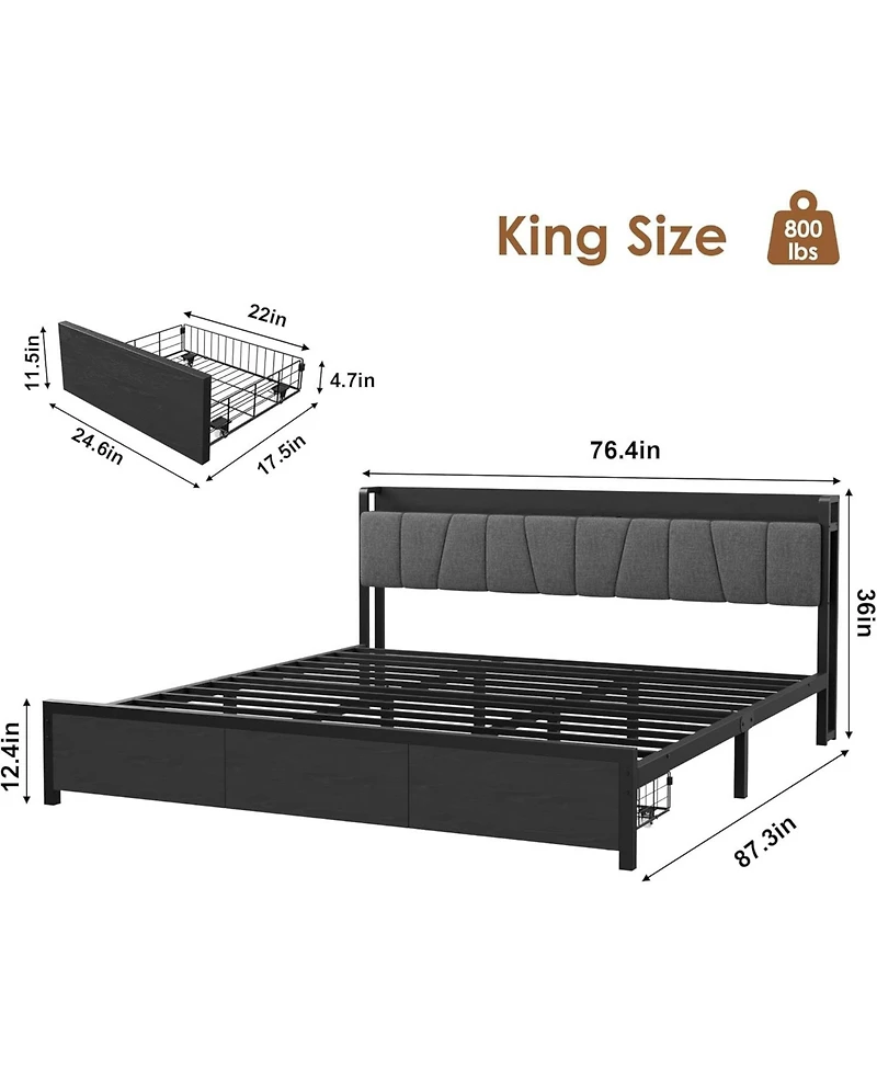 gaomon King Size Platform Bed Frame Metal+Pb Board Upholstered Two Mesh Drawers Charging Station No Box Spring