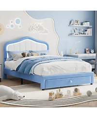 gaomon Full Size Upholstered Led Bed Frame with Storage Drawer Velvet Platform for Kids Wooden Slats No Box Spring Blue