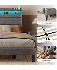 gaomon Queen Size Upholstered Platform Bed Frame with Headboard Charging Station Led Lights Wooden Slats No Box Spring