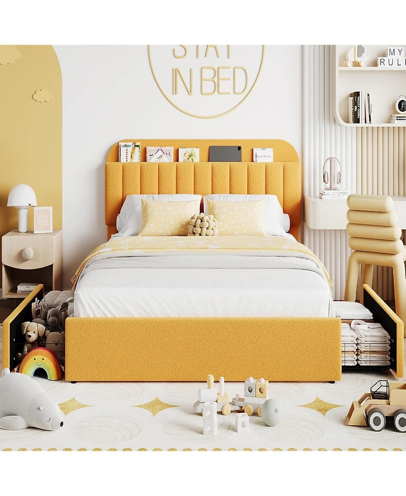 gaomon Full Size Boucle Upholstered Platform Bed Frame with Bookcase Headboard 2 Drawers for Boys Yellow No Box Spring