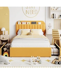 gaomon Full Size Boucle Upholstered Platform Bed Frame with Bookcase Headboard 2 Drawers for Boys Yellow No Box Spring
