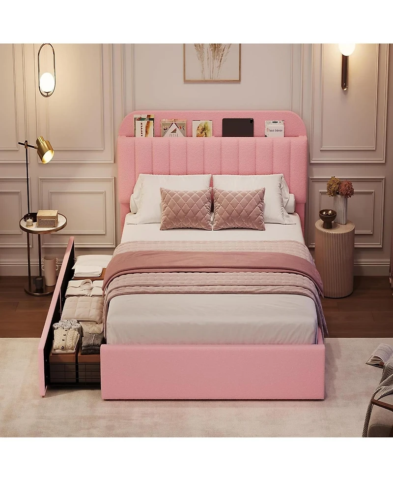 gaomon Twin Xl Boucle Upholstered Platform Bed Frame for Girls with 2 Drawers Bookcase Headboard No Box Spring Pink