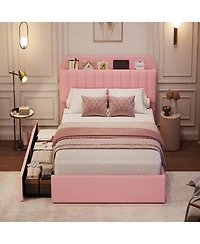 gaomon Twin Xl Boucle Upholstered Platform Bed Frame for Girls with 2 Drawers Bookcase Headboard No Box Spring Pink