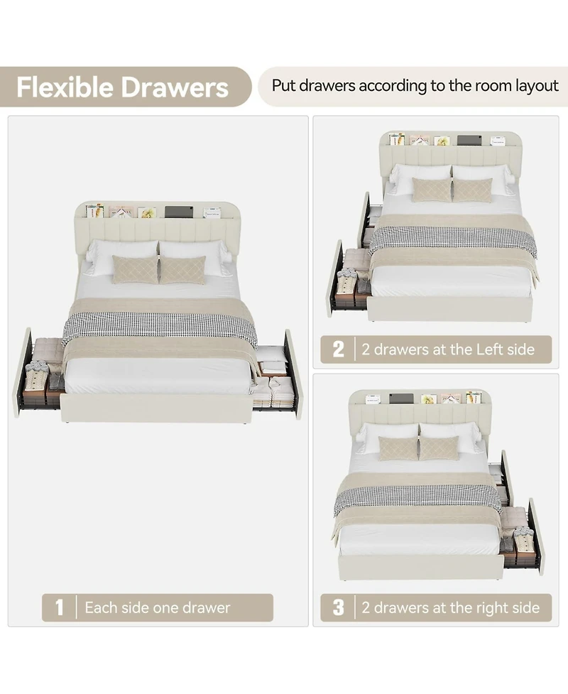 gaomon Queen Size Boucle Upholstered Platform Bed Frame with Storage Headboard Bookcase 2 Drawers for Girls No Box Spring Beige