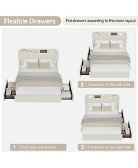 gaomon Queen Size Boucle Upholstered Platform Bed Frame with Storage Headboard Bookcase 2 Drawers for Girls No Box Spring Beige