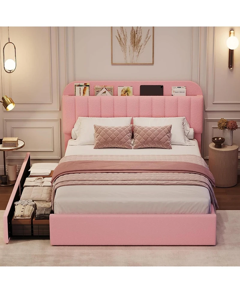 gaomon Queen Size Boucle Upholstered Platform Bed Frame with Storage Headboard Bookcase 2 Drawers No Box Spring