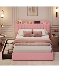 gaomon Queen Size Boucle Upholstered Platform Bed Frame with Storage Headboard Bookcase 2 Drawers No Box Spring