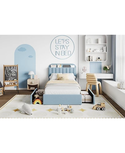 gaomon Twin Size Boucle Upholstered Platform Bed Frame with Bookcase Headboard 2 Drawers for Boys No Box Spring Blue