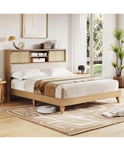 gaomon Rattan Bed Frame King with Shelves, Boho King Bed Frame with Shelf Headboard Sliding Door