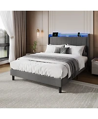 gaomon Full Size Bed Frame with Charging Station and Led Lights, Modern Platform Bed with Slats