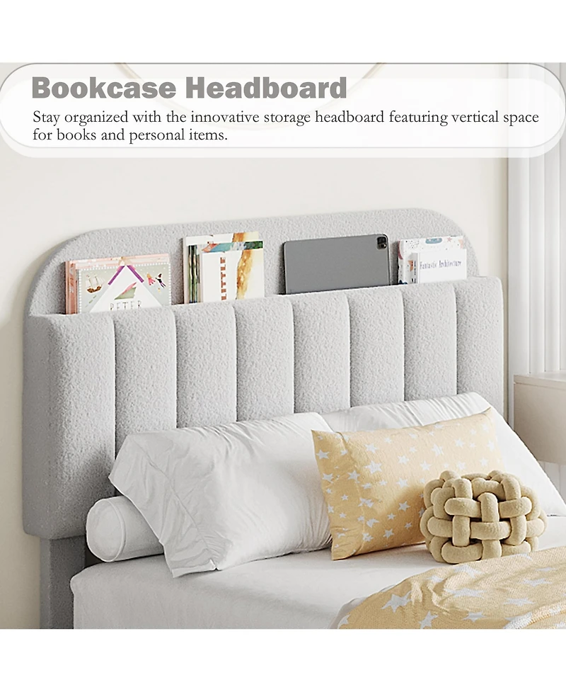 gaomon Queen Bed Frame with 2 Flexible Drawers and Bookcase Headboard, Boucle Upholstered Platform Bed for Boys/Girls