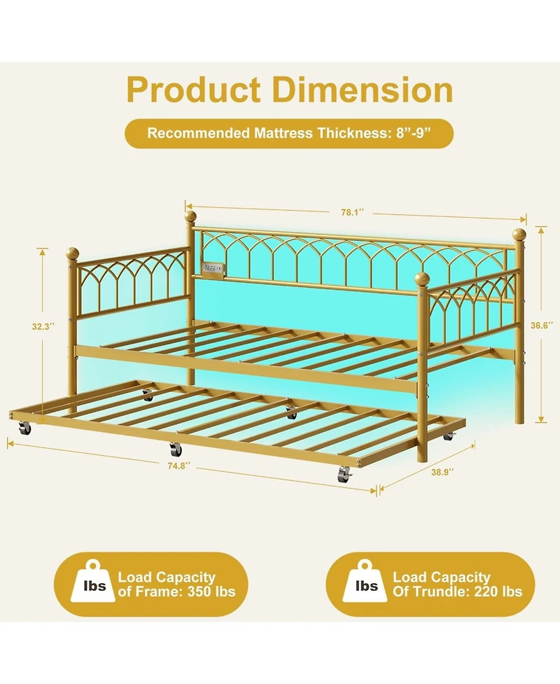 gaomon Twin Daybed with Pull-Out Trundle, Led Lights & Charging Station, Metal Sofa Bed for Living Rooms, Bedrooms & Apartments, Gold Finish