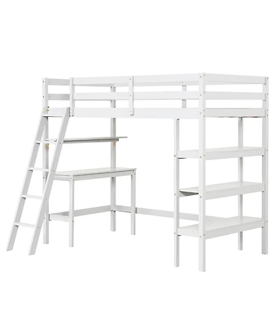Gymax Twin Solid Wood Loft Bed w/ Desk & Bookshelves Ladder Guardrails