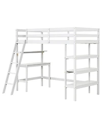 Gymax Twin Solid Wood Loft Bed w/ Desk & Bookshelves Ladder Guardrails