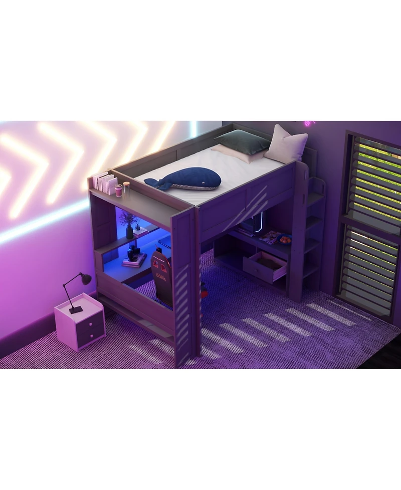 Flynama Dark Gray Wood Full Size Gaming Loft Bed Built In Desk Charging Station Storage Shelves Led Lighting Space Saving Teens Adults Furniture