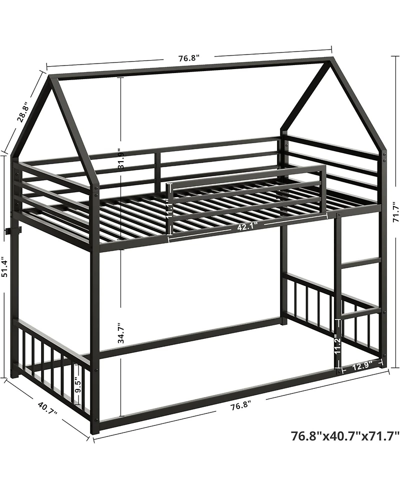 Likimio Twin Over Twin Metal Bunk Bed with Ladder & Guardrail, House-Shaped Frame, Space-Saving Design, No Box Spring Needed – Black