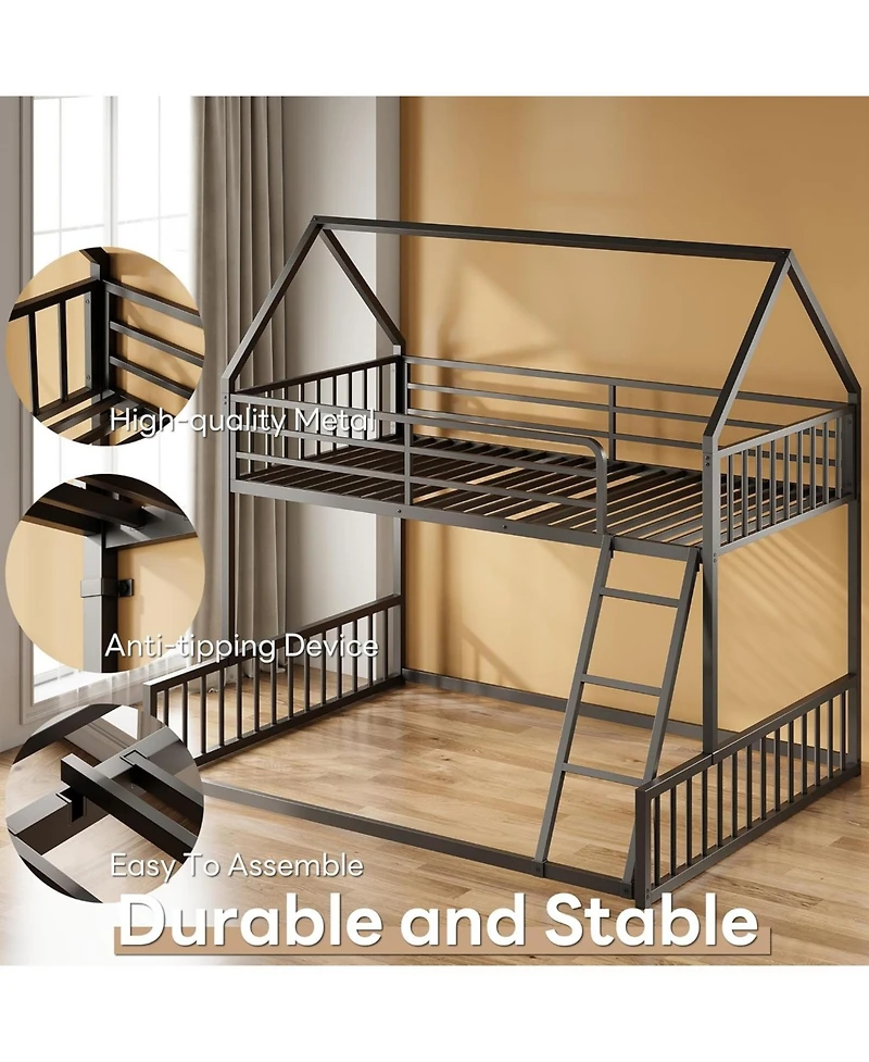 Likimio Bunk Bed Twin Over Full Size with Ladder and Guardrail, House Shaped with Metal Slats Support No Box Spring Needed, Black