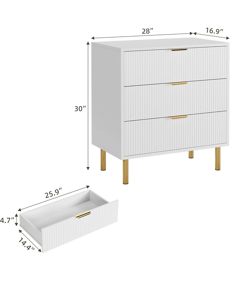 gaomon 3-Drawer Modern White Dresser, 30" Tall, Fluted Chest with Gold Handles, Anti-Tip Device, Bedroom, Living Room, Kids Room