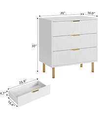 gaomon 3-Drawer Modern White Dresser, 30" Tall, Fluted Chest with Gold Handles, Anti-Tip Device, Bedroom, Living Room, Kids Room